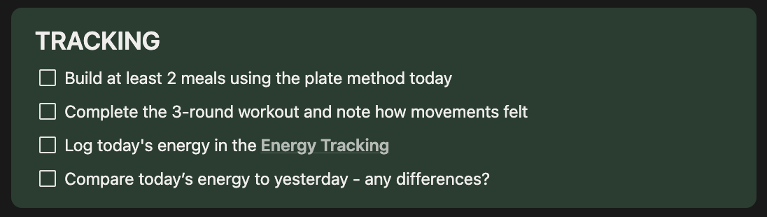 Fuel & Fire Notion template — Day 2 tracking